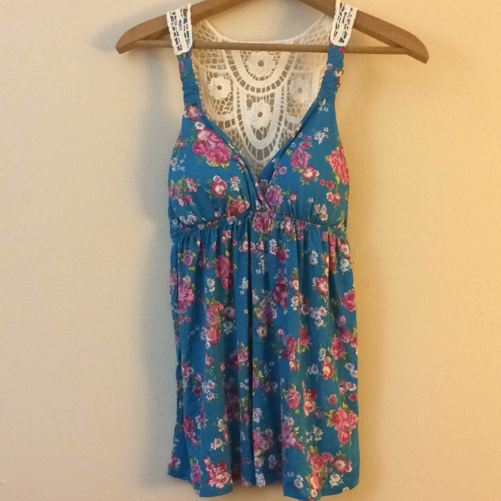 Pink Rose Floral Teal Combo Crochet Padded Cami S